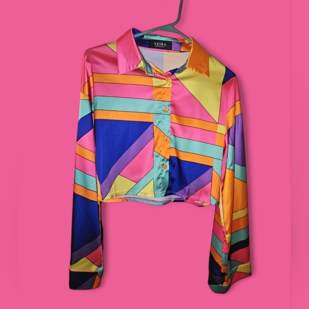 AKIRA Multicolored 70s Inspired Blouse Groovy Funky Rainbow Hippie Boho Small